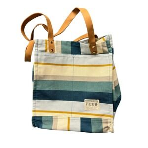 FEED Market Tote Bag Women Large Blue Teal Striped Canvas Multi-Pocket